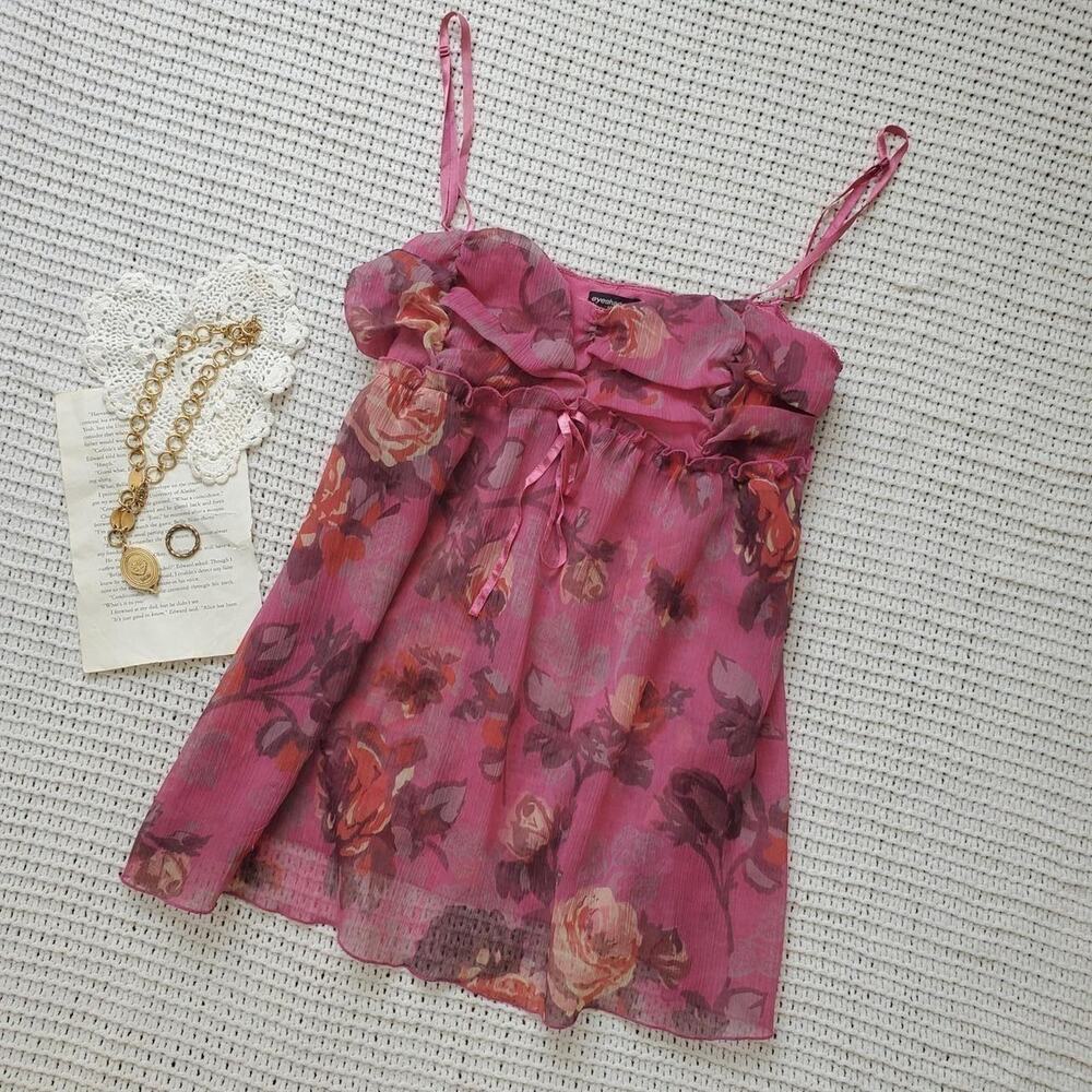Y2k pink floral sheer babydoll tank top